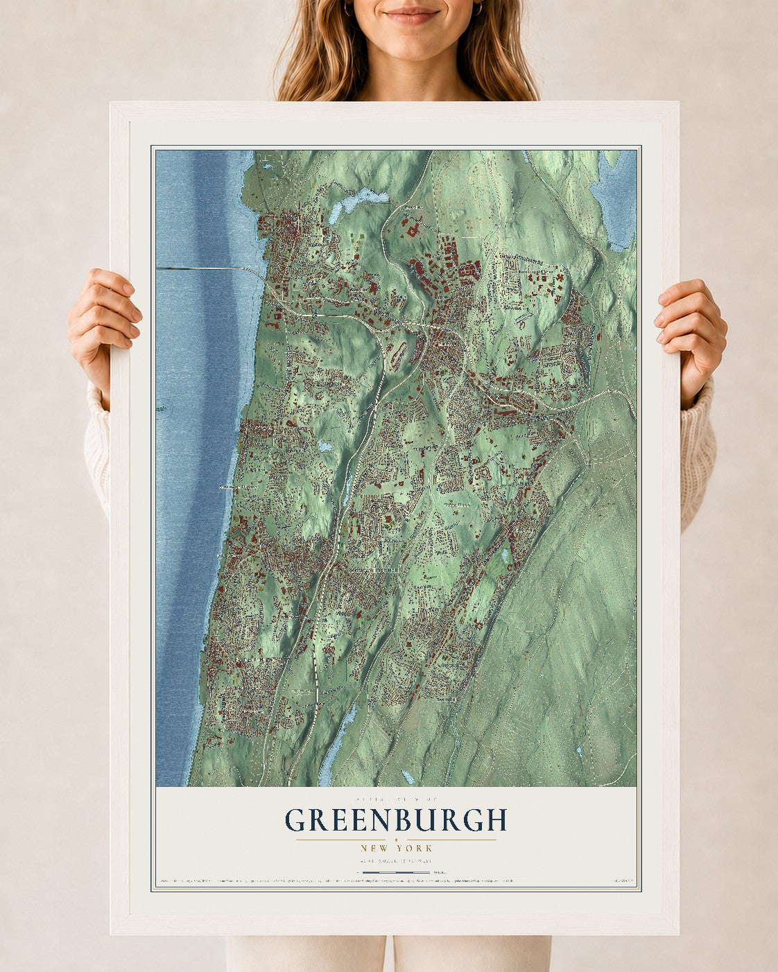 Greenburgh, New York map print, 24" x 36" W/ White Ayous Wood Frame mockup