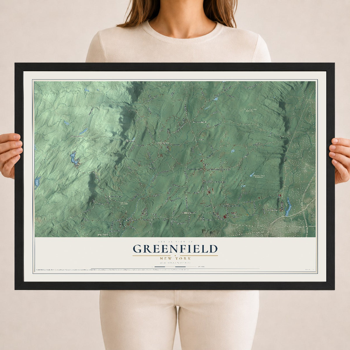 Greenfield, New York map print, 18" x 24" W/ Black Ayous Wood Frame mockup