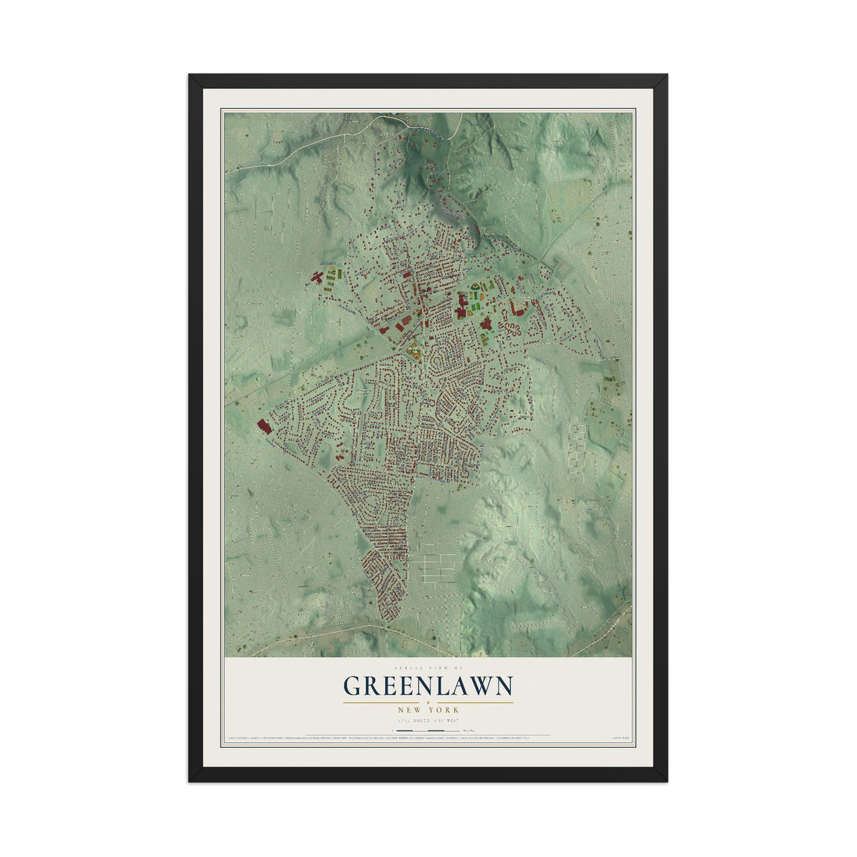 Greenlawn, New York map print, 12" x 18" W/ Black Ayous Wood Frame mockup