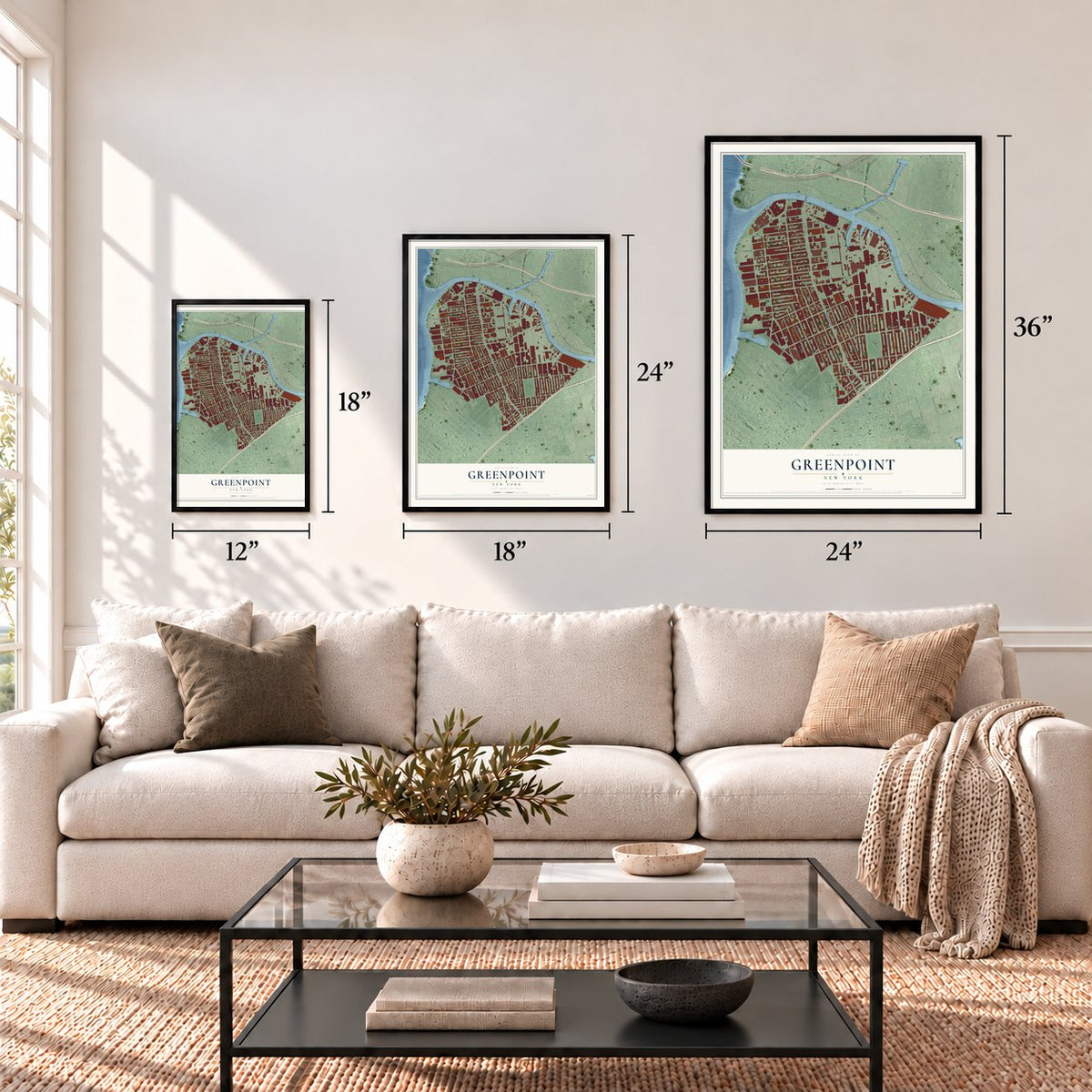 Greenpoint, New York map in 12 x 18, 18 x 24 and 24 x 36 inch sizes above a sofa