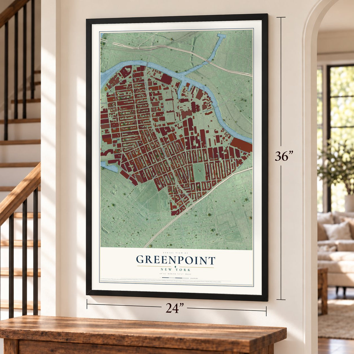 Greenpoint, New York map, 24 x 36 inch print in a black frame by a staircase