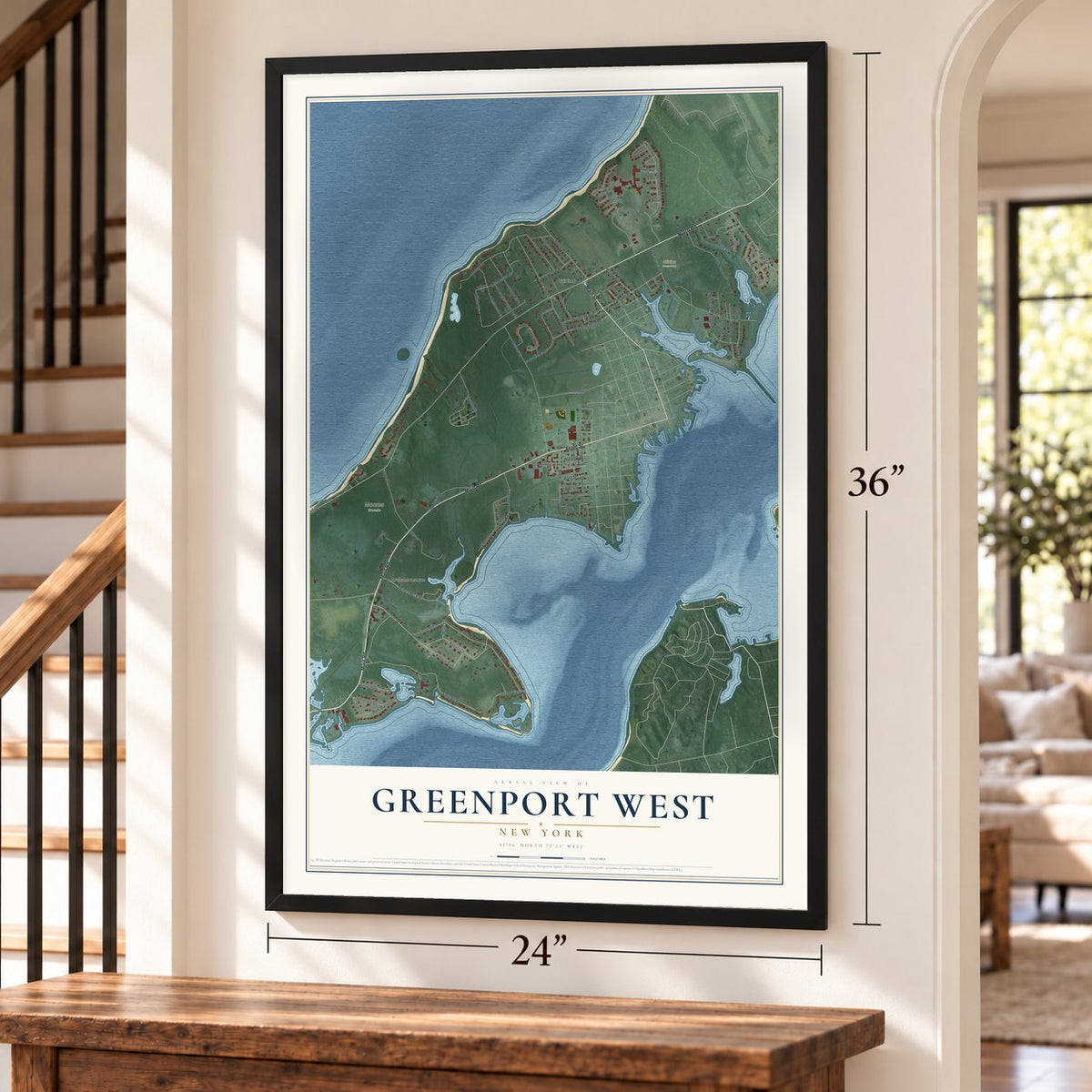 Greenport West, New York map, 24 x 36 inch print in a black frame by a staircase