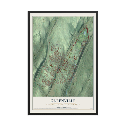 Map of Greenville, Westchester County, New York, 12 x 18 inch print in a black wood frame