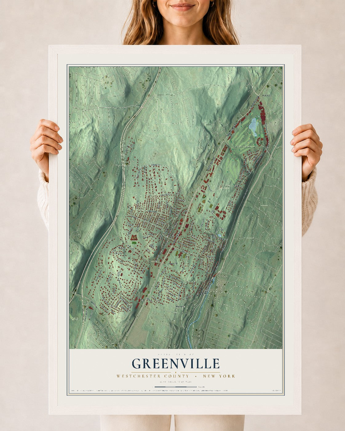 Greenville, New York map print, 24" x 36" W/ White Ayous Wood Frame mockup