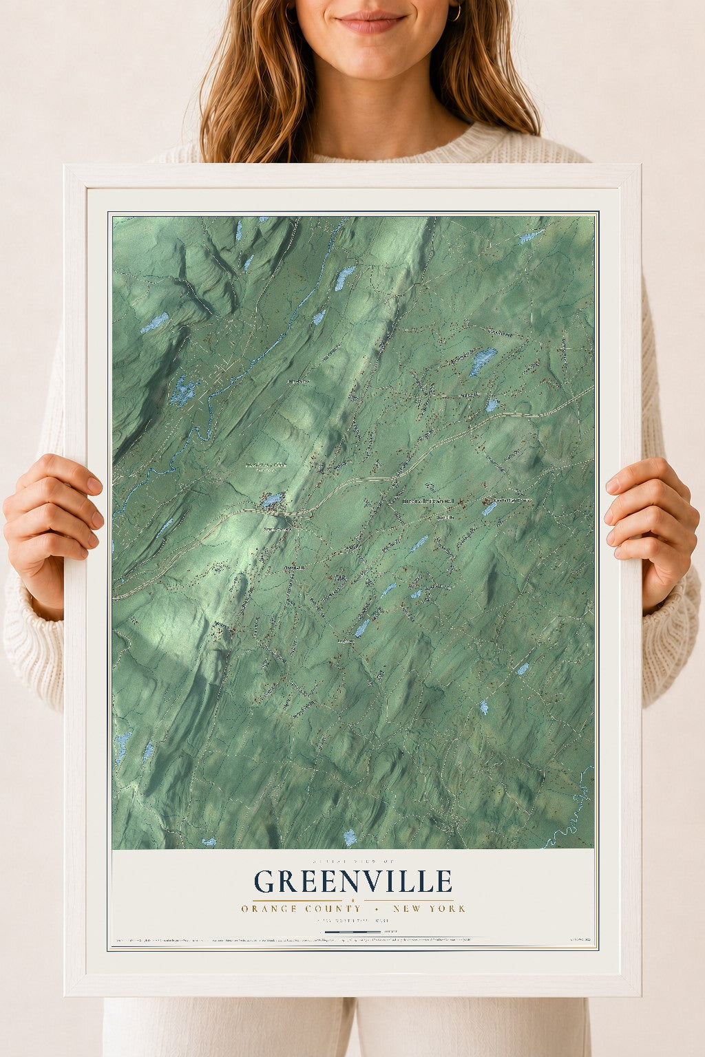 Map of Greenville, Orange County, New York, 18 x 24 inch print in a white wood frame