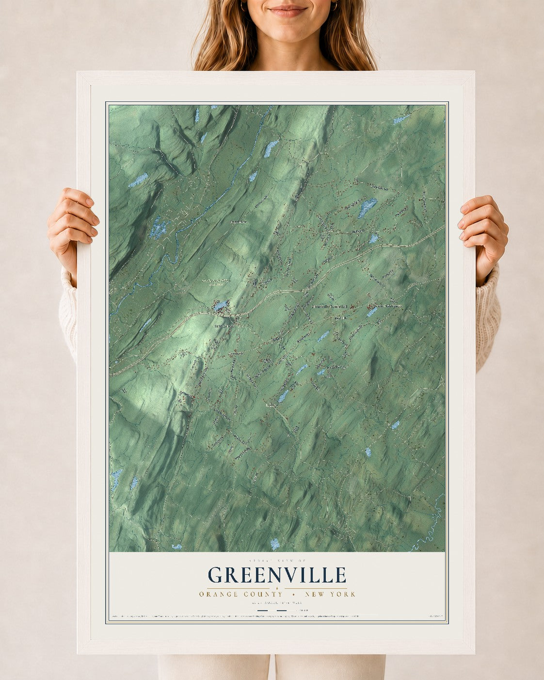 Map of Greenville, Orange County, New York, 24 x 36 inch print in a white wood frame