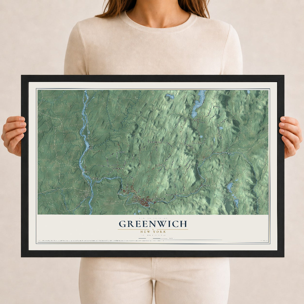 Greenwich, New York map print, 12" x 18" W/ Black Ayous Wood Frame mockup