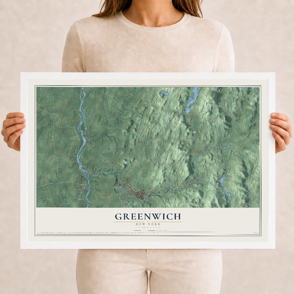 Greenwich, New York map print, 12" x 18" W/ White Ayous Wood Frame mockup