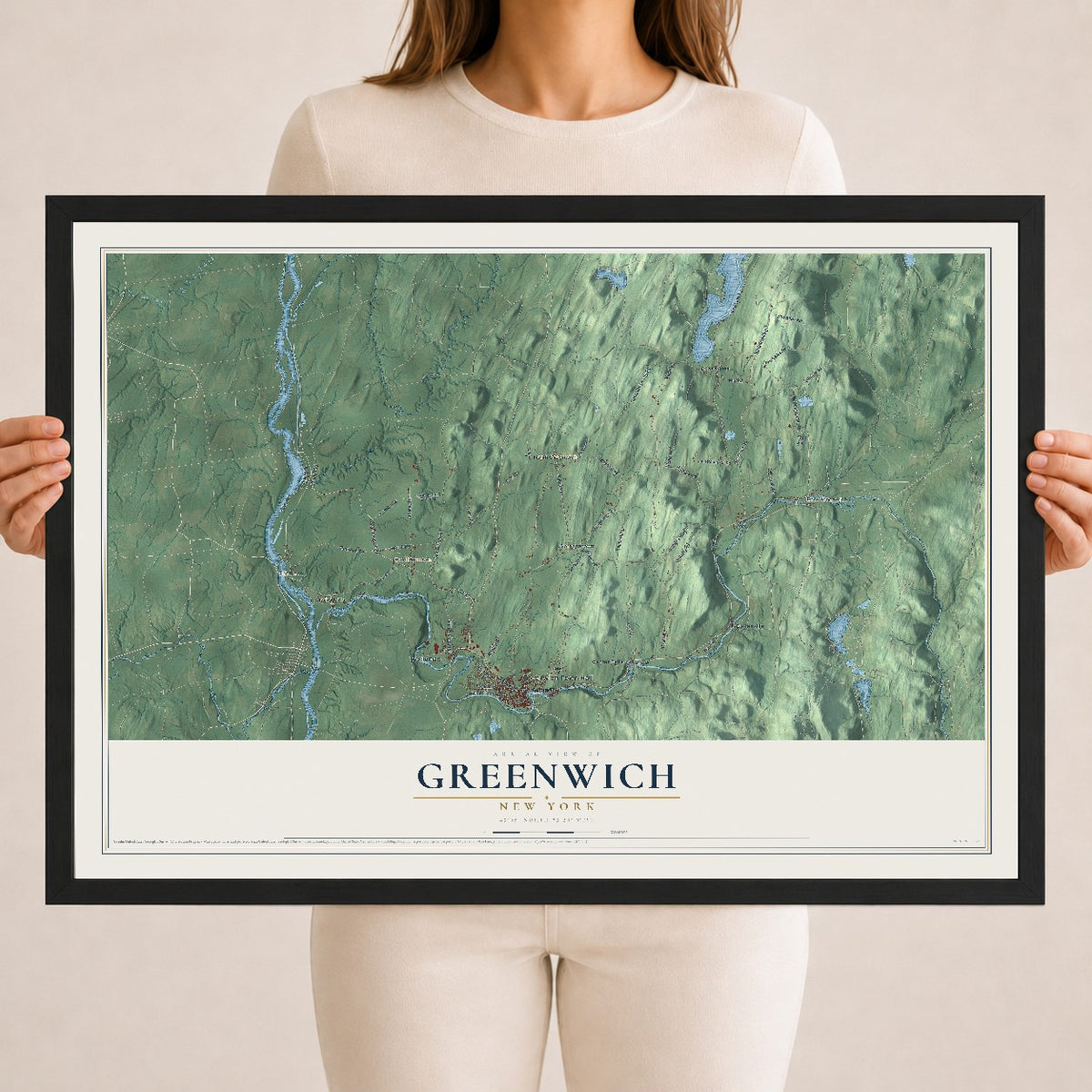 Greenwich, New York map print, 18" x 24" W/ Black Ayous Wood Frame mockup