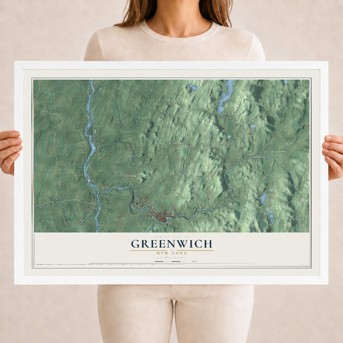 Greenwich, New York map print, 18" x 24" W/ White Ayous Wood Frame mockup