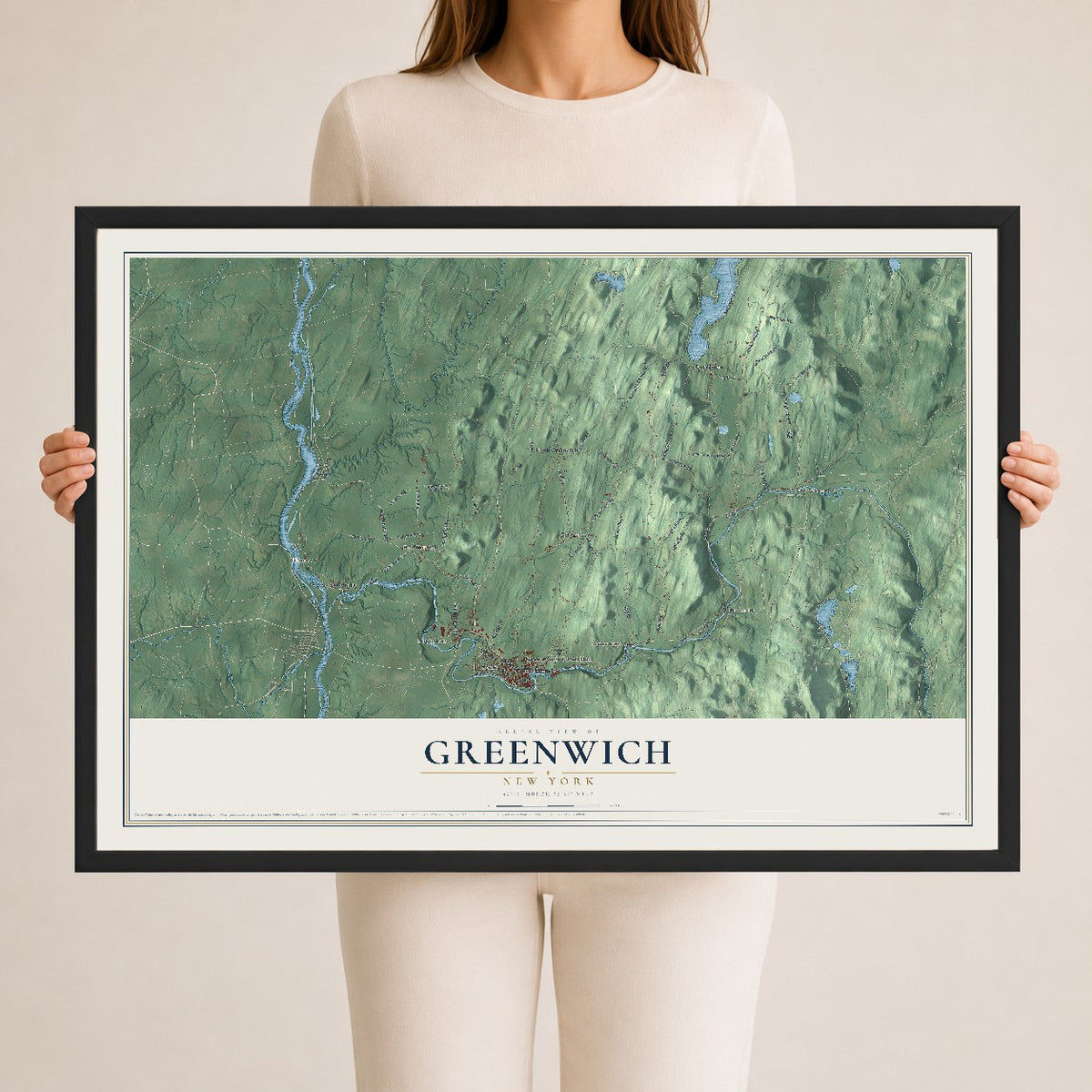 Greenwich, New York map print, 24" x 36" W/ Black Ayous Wood Frame mockup