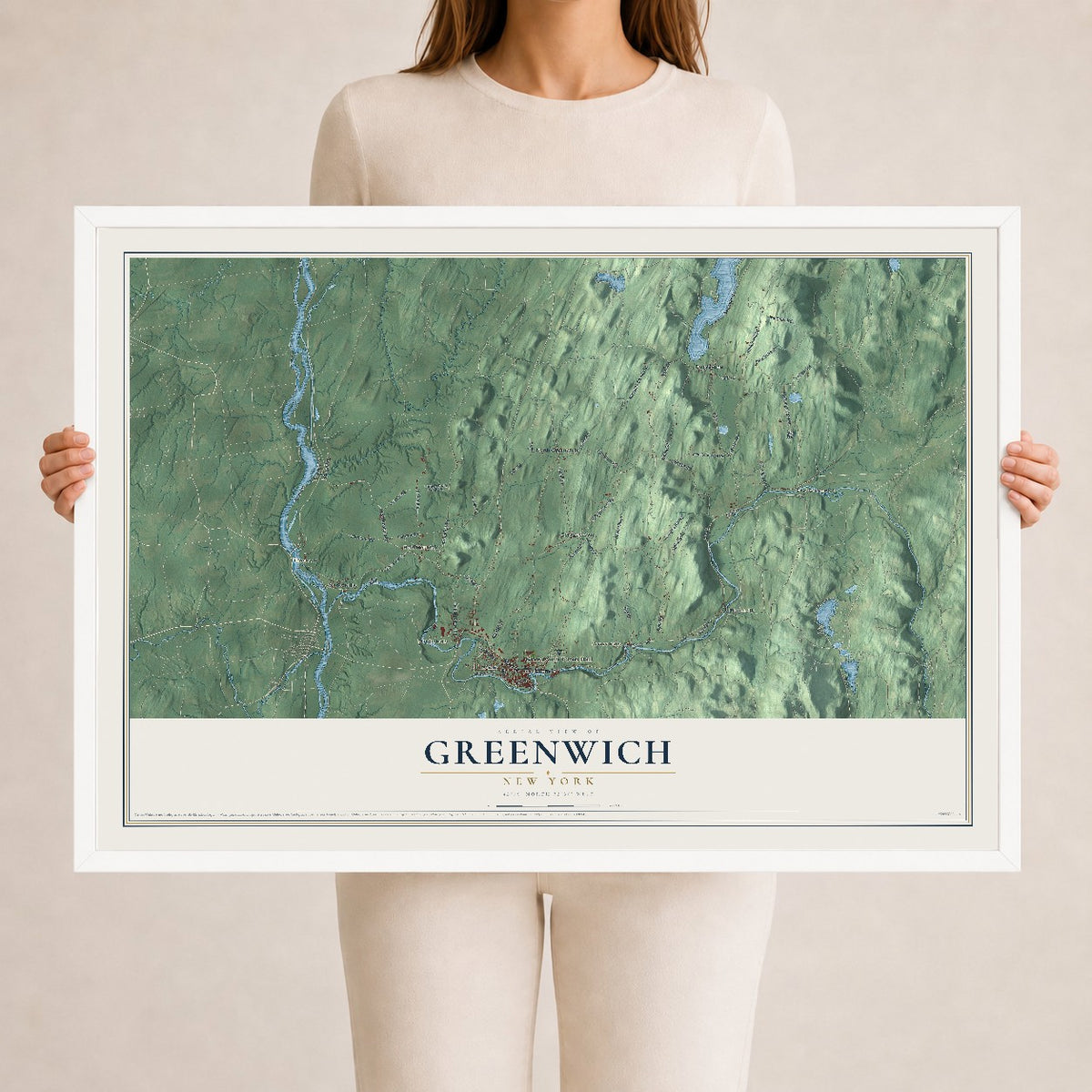 Greenwich, New York map print, 24" x 36" W/ White Ayous Wood Frame mockup