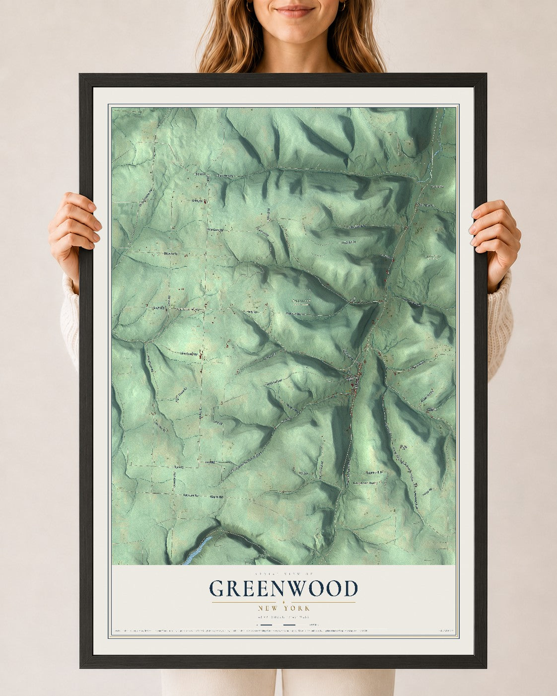 Greenwood, New York map print, 24" x 36" W/ Black Ayous Wood Frame mockup