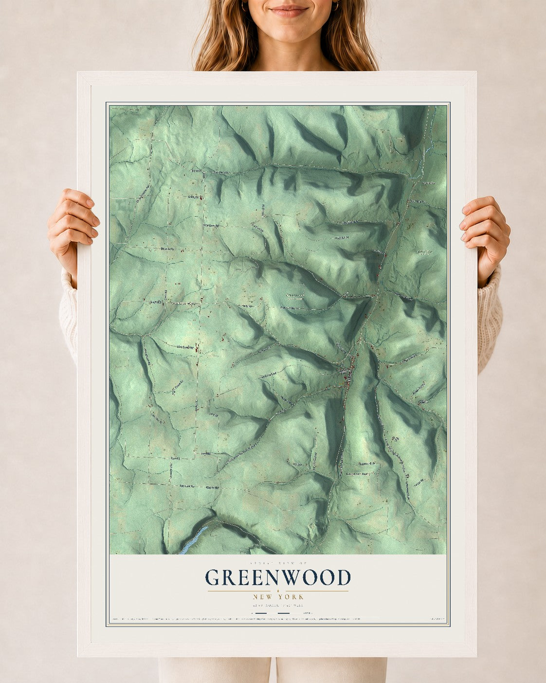 Greenwood, New York map print, 24" x 36" W/ White Ayous Wood Frame mockup