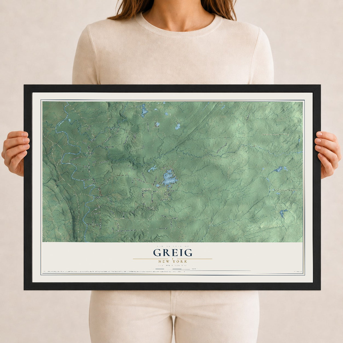 Greig, New York map print, 12" x 18" W/ Black Ayous Wood Frame mockup