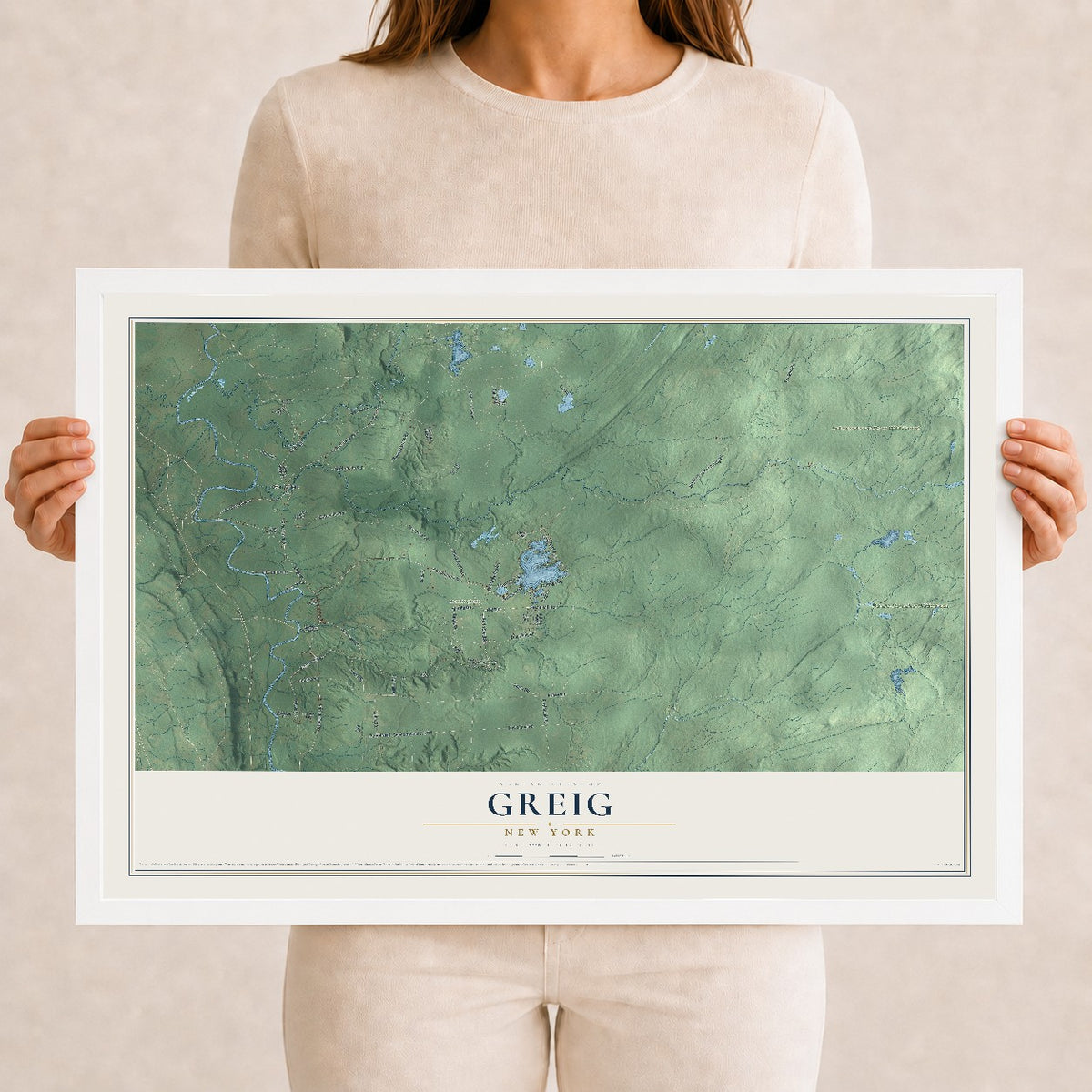 Greig, New York map print, 12" x 18" W/ White Ayous Wood Frame mockup