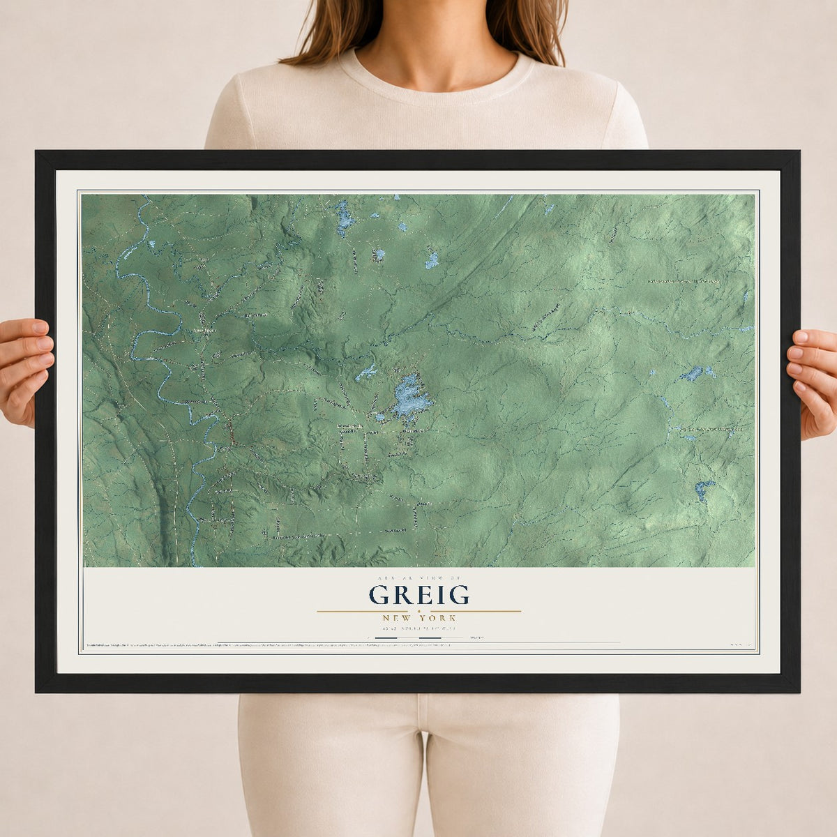 Greig, New York map print, 18" x 24" W/ Black Ayous Wood Frame mockup