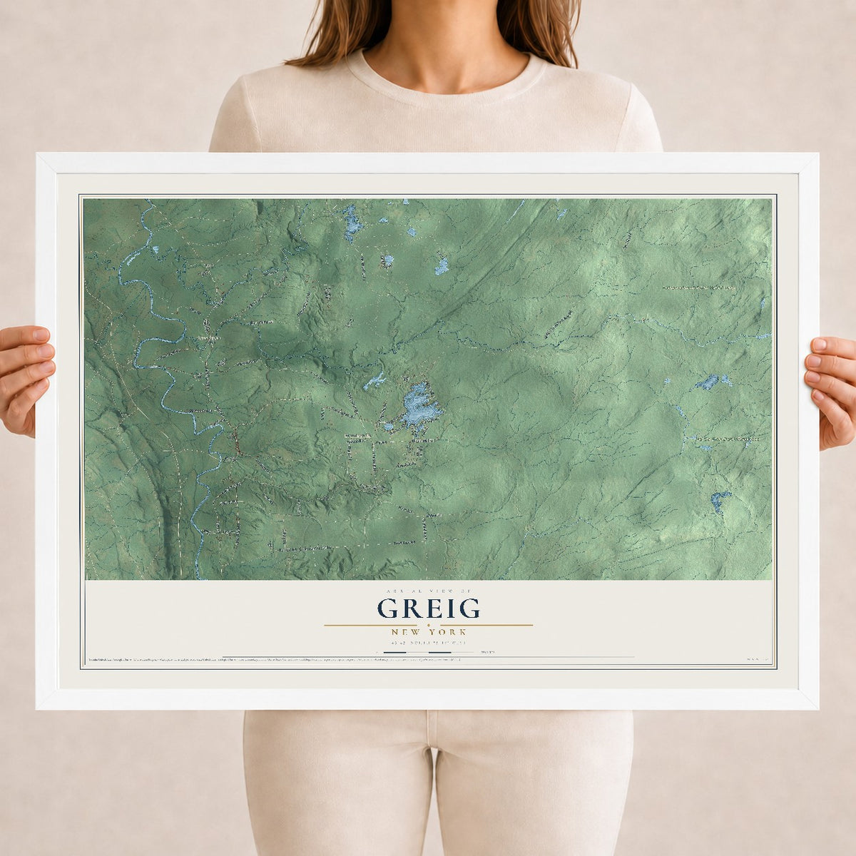 Greig, New York map print, 18" x 24" W/ White Ayous Wood Frame mockup