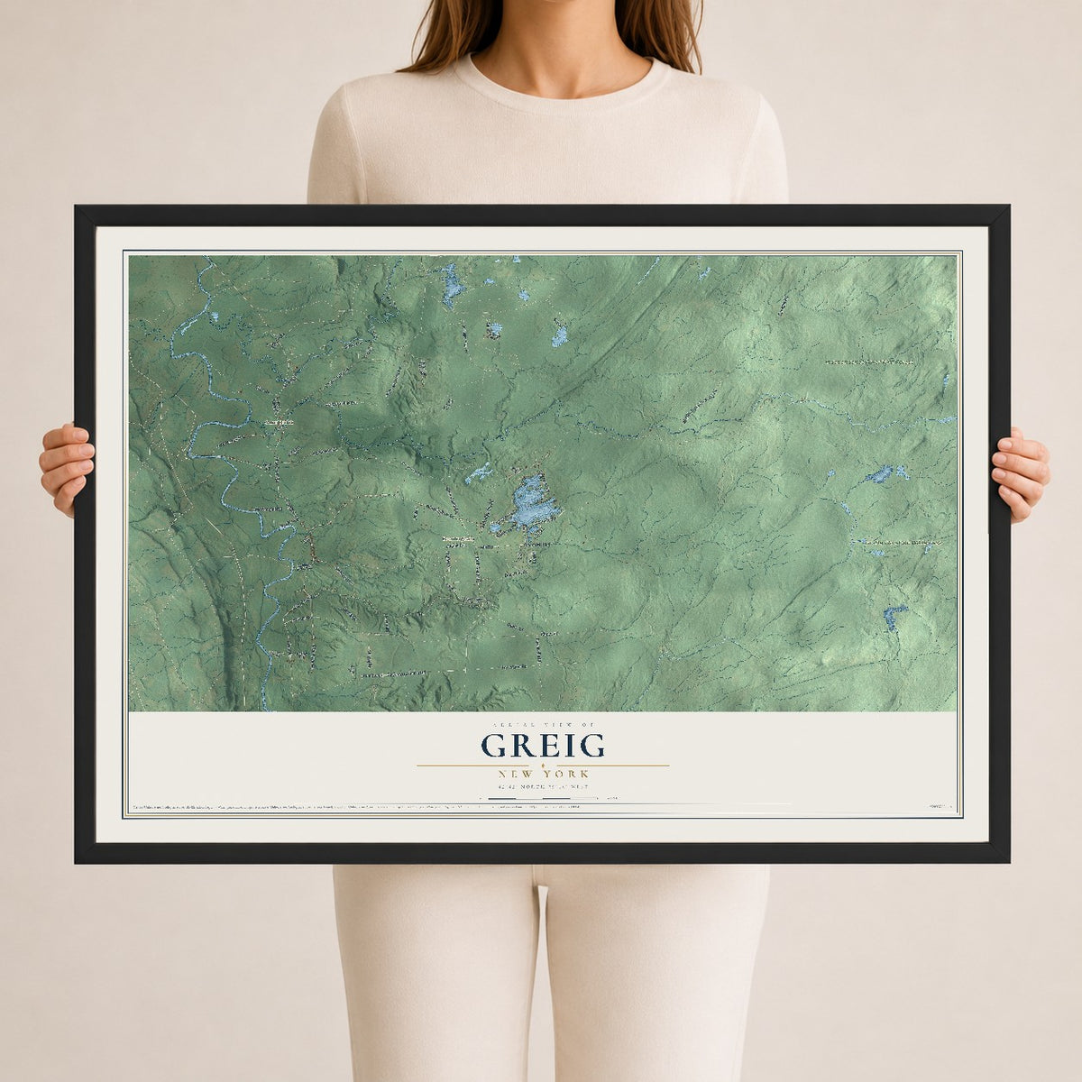 Greig, New York map print, 24" x 36" W/ Black Ayous Wood Frame mockup