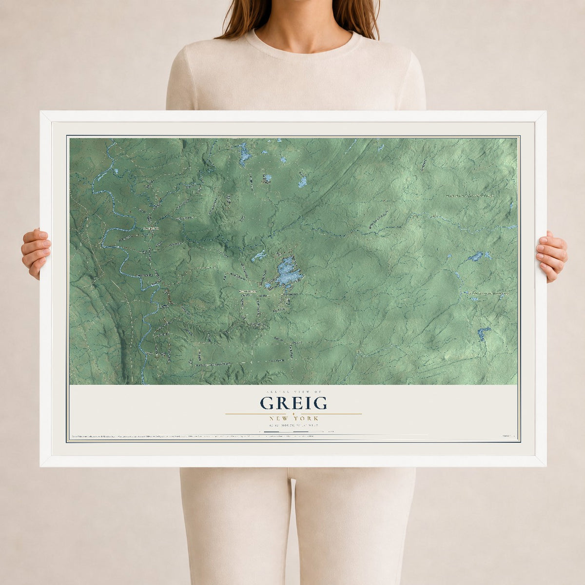Greig, New York map print, 24" x 36" W/ White Ayous Wood Frame mockup
