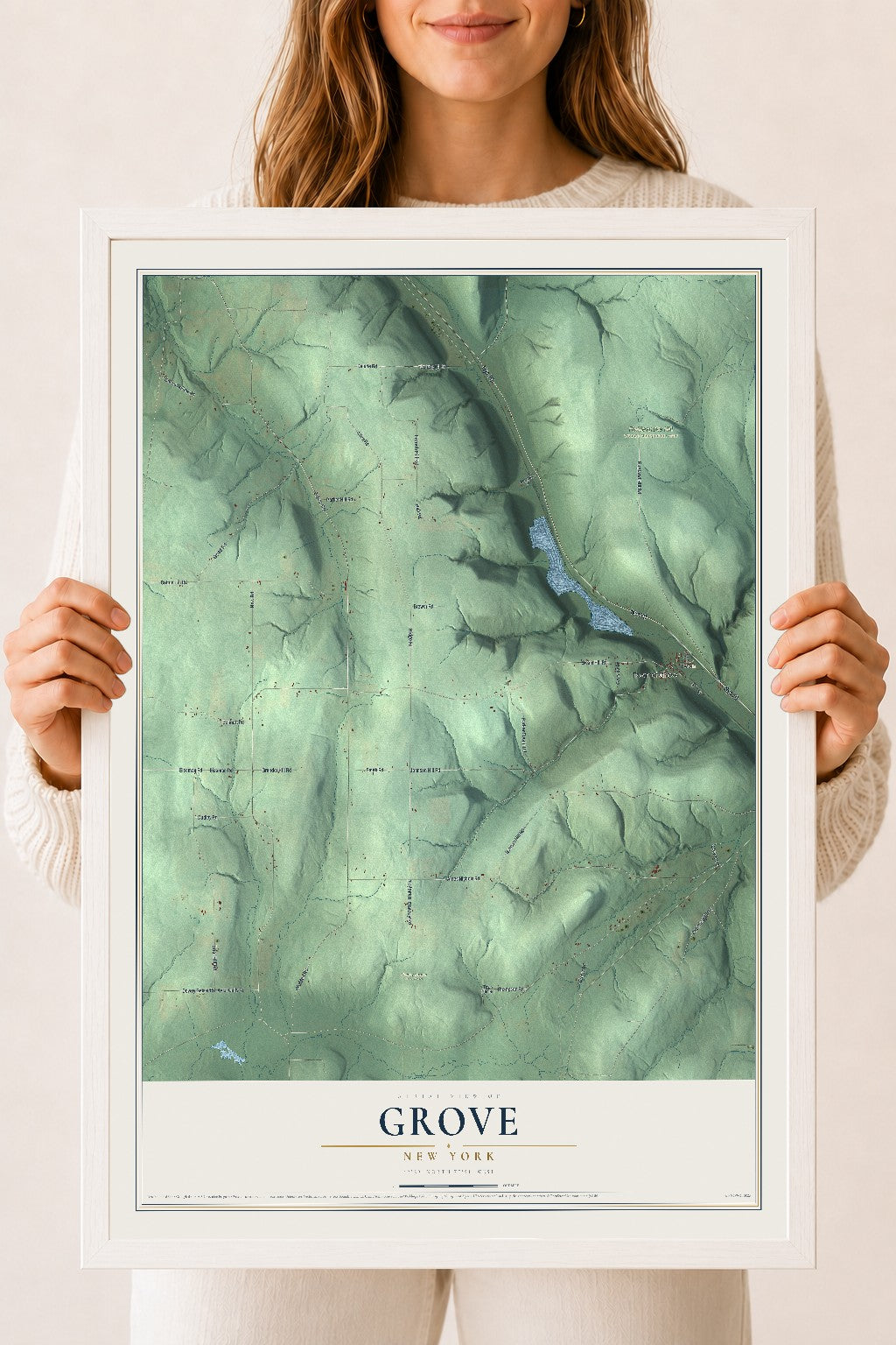 Grove, New York map print, 18" x 24" W/ White Ayous Wood Frame mockup