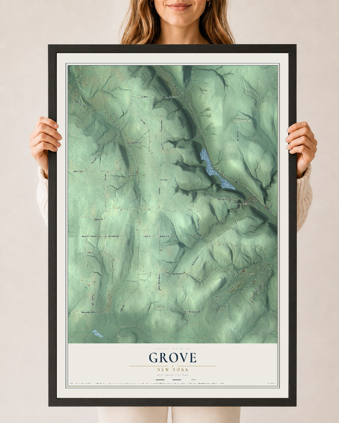 Grove, New York map print, 24" x 36" W/ Black Ayous Wood Frame mockup