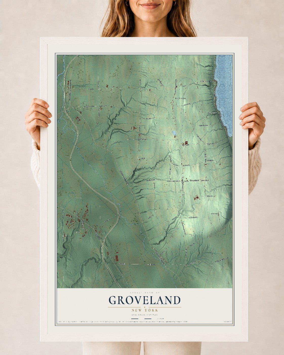 Groveland, New York map print, 24" x 36" W/ White Ayous Wood Frame mockup