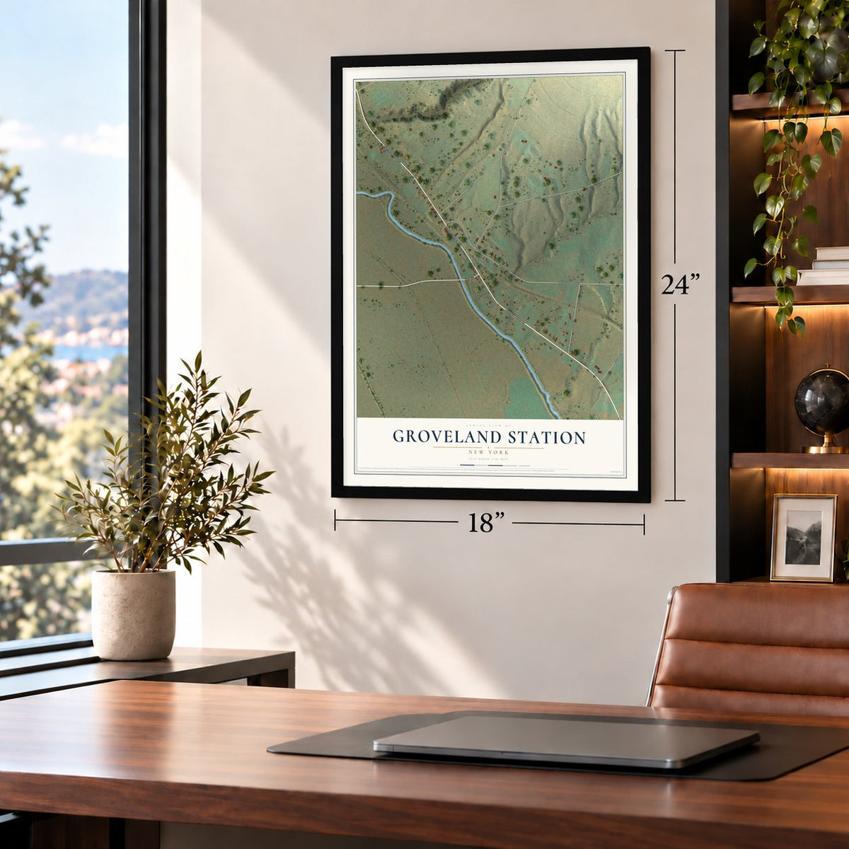 Groveland Station, New York map, 18 x 24 inch print in a black frame in a home office
