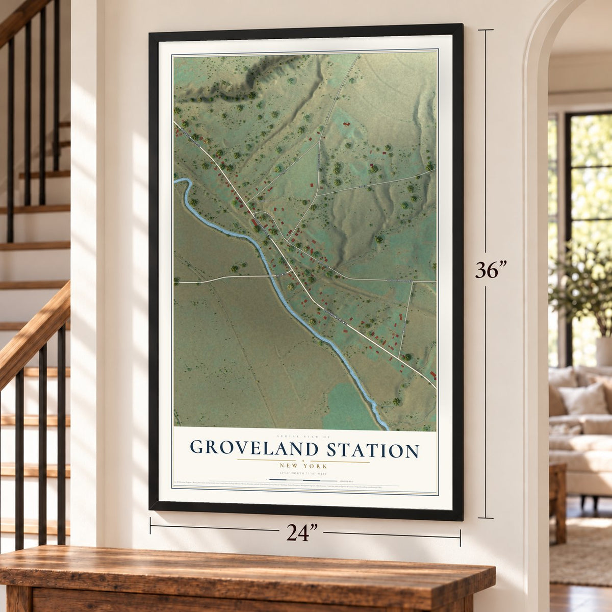 Groveland Station, New York map, 24 x 36 inch print in a black frame by a staircase
