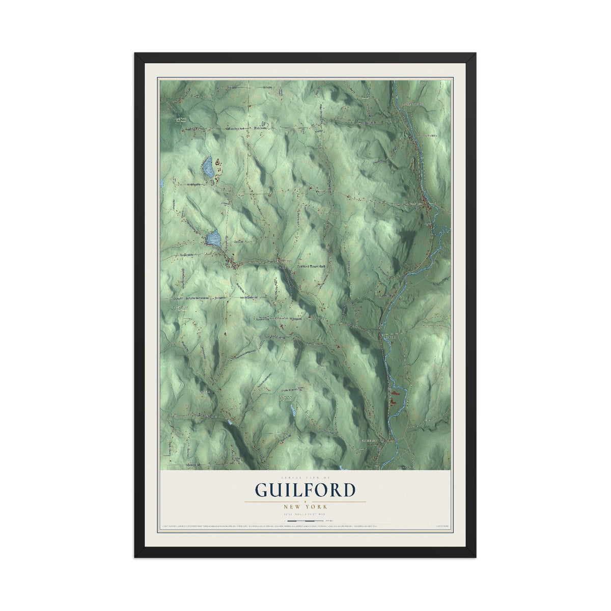 Guilford, New York map print, 12" x 18" W/ Black Ayous Wood Frame mockup