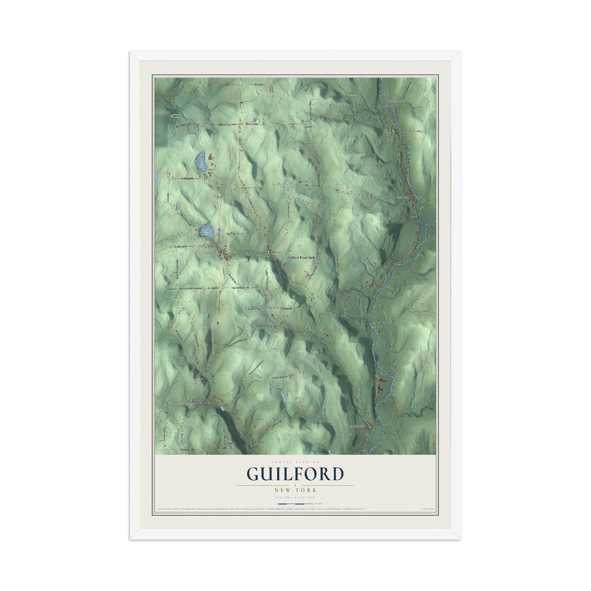 Guilford, New York map print, 12" x 18" W/ White Ayous Wood Frame mockup