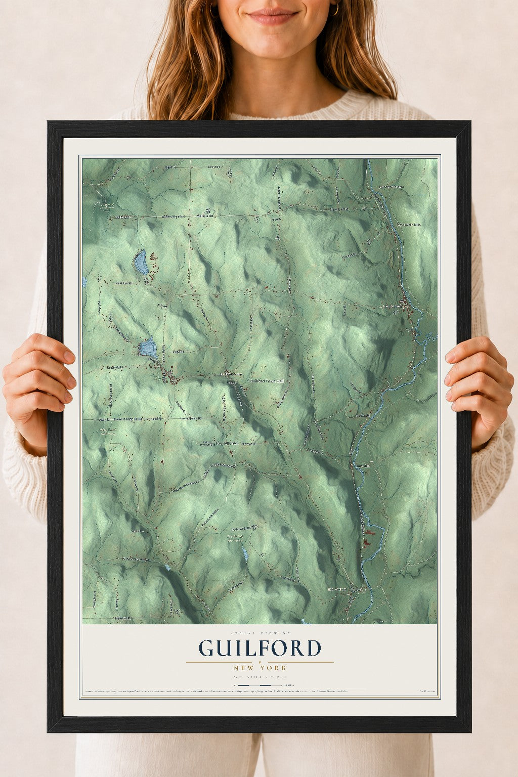Guilford, New York map print, 18" x 24" W/ Black Ayous Wood Frame mockup