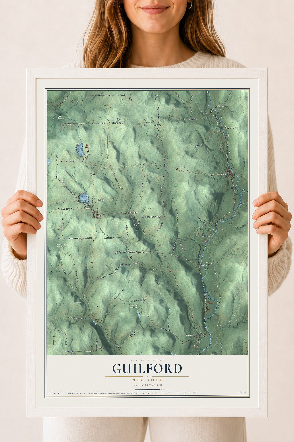 Guilford, New York map print, 18" x 24" W/ White Ayous Wood Frame mockup