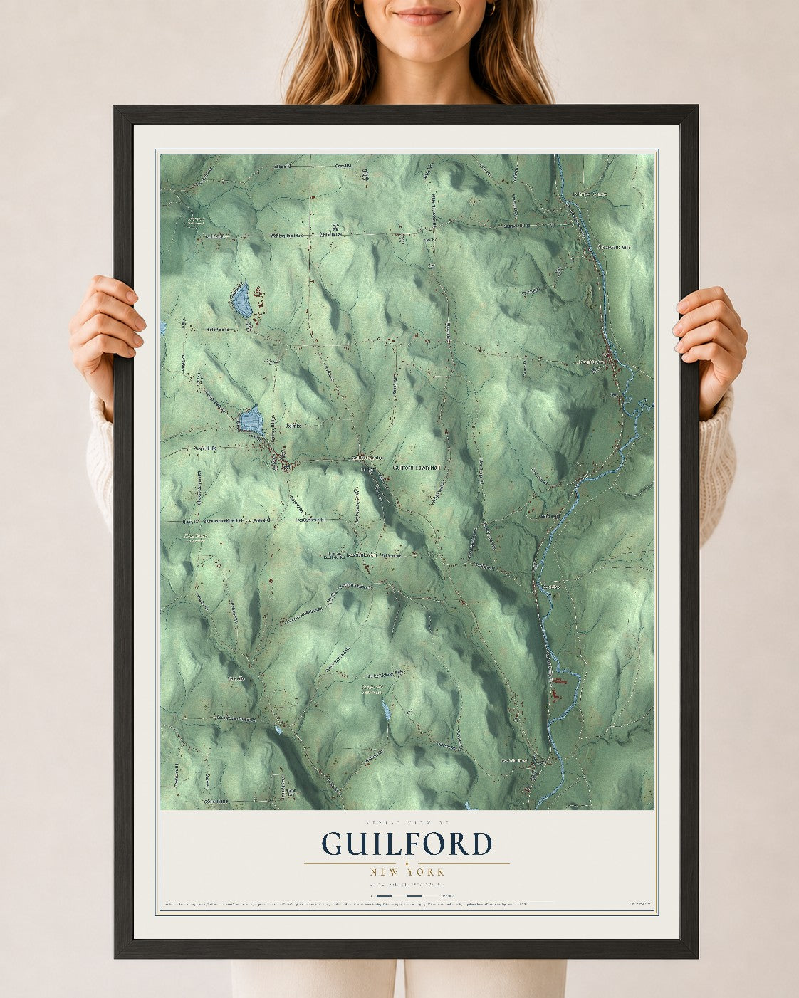 Guilford, New York map print, 24" x 36" W/ Black Ayous Wood Frame mockup