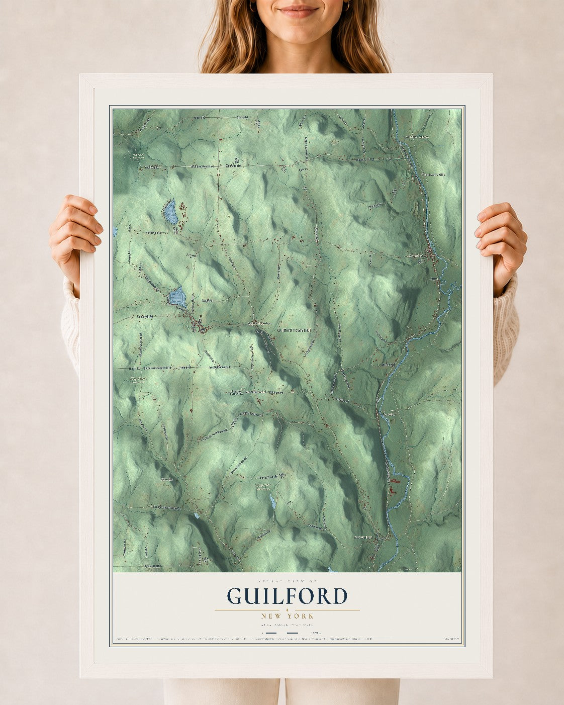 Guilford, New York map print, 24" x 36" W/ White Ayous Wood Frame mockup