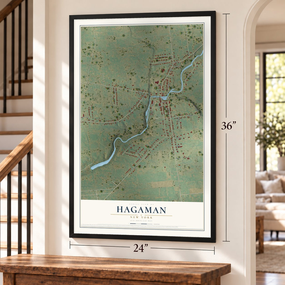 Hagaman, New York map, 24 x 36 inch print in a black frame by a staircase