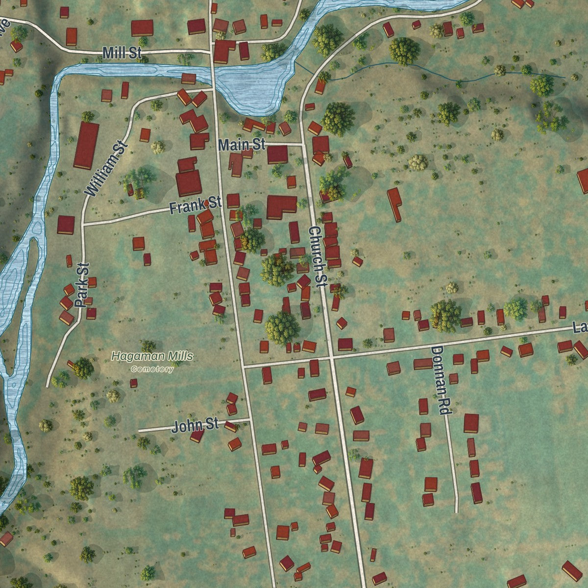 Close-up of the map of Hagaman, New York print showing street and building detail