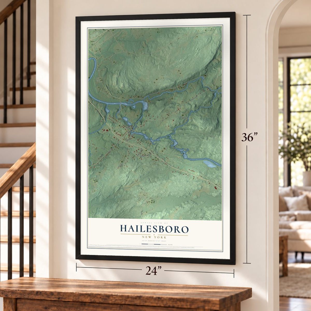 Hailesboro, New York map, 24 x 36 inch print in a black frame by a staircase