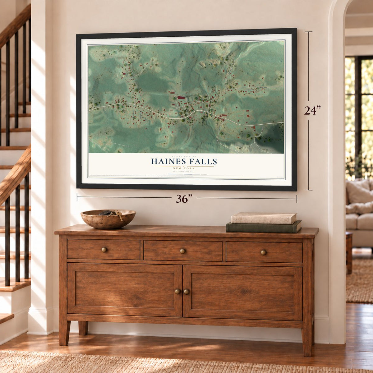 Haines Falls, New York map, 24 x 36 inch print in a black frame above a dresser by a staircase