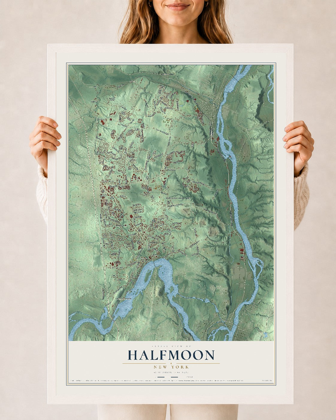 Halfmoon, New York map print, 24" x 36" W/ White Ayous Wood Frame mockup