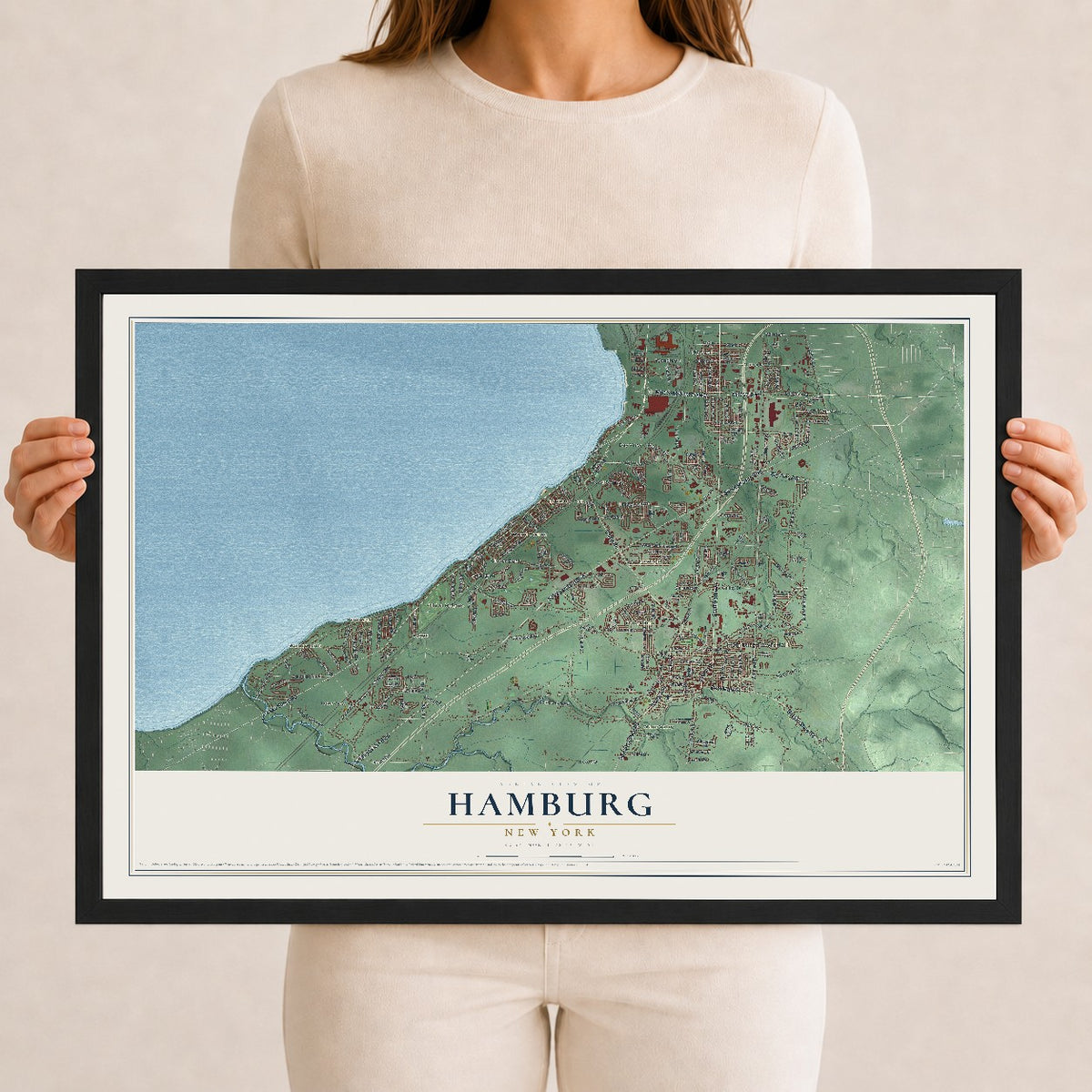 Hamburg, New York map print, 12" x 18" W/ Black Ayous Wood Frame mockup