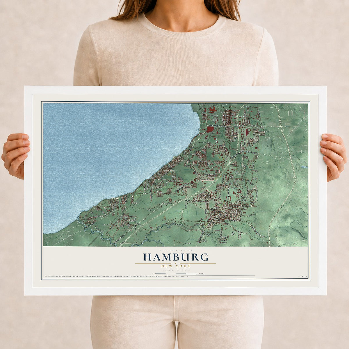 Hamburg, New York map print, 12" x 18" W/ White Ayous Wood Frame mockup