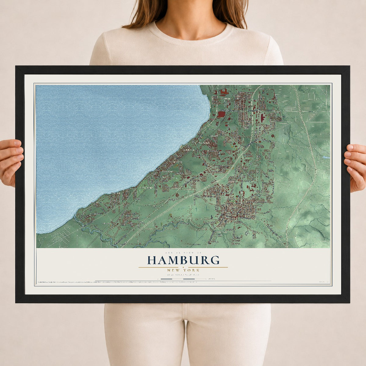 Hamburg, New York map print, 18" x 24" W/ Black Ayous Wood Frame mockup
