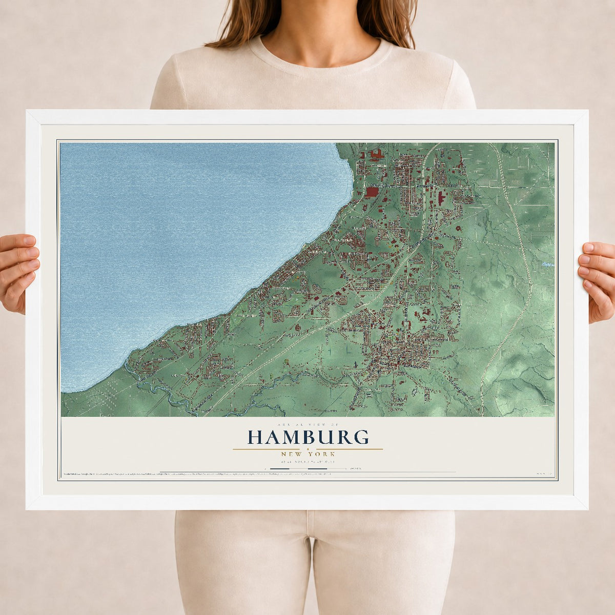 Hamburg, New York map print, 18" x 24" W/ White Ayous Wood Frame mockup