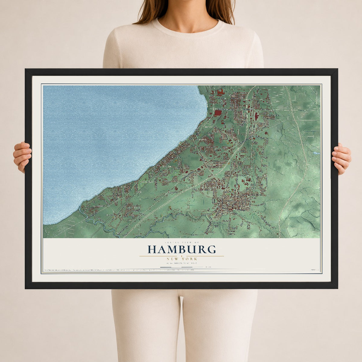 Hamburg, New York map print, 24" x 36" W/ Black Ayous Wood Frame mockup