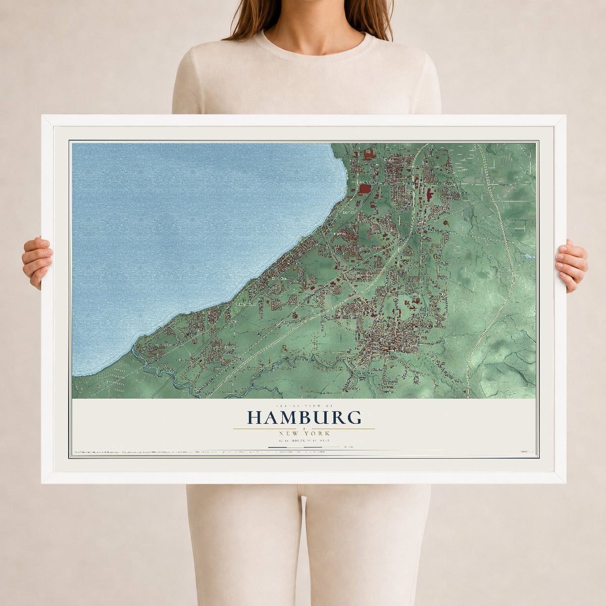 Hamburg, New York map print, 24" x 36" W/ White Ayous Wood Frame mockup