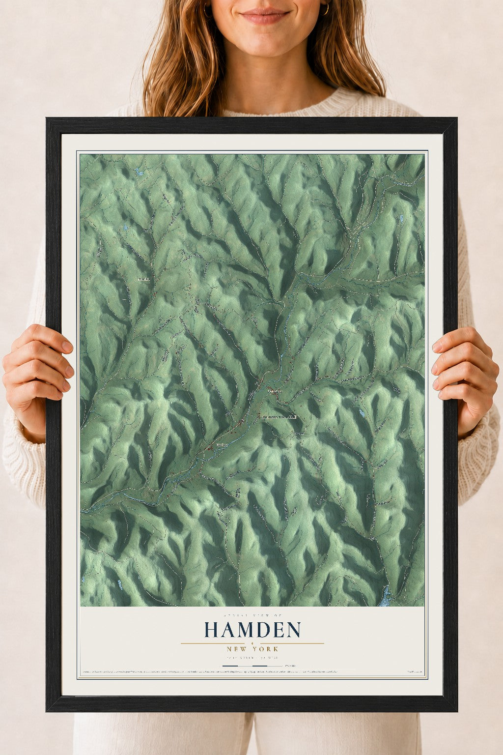 Hamden, New York map print, 18" x 24" W/ Black Ayous Wood Frame mockup