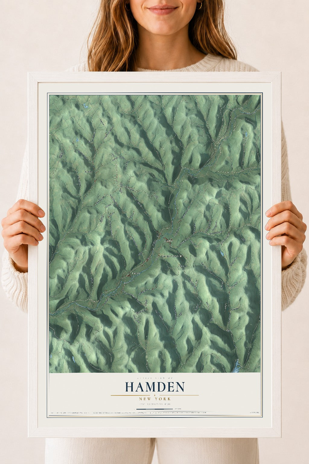 Hamden, New York map print, 18" x 24" W/ White Ayous Wood Frame mockup