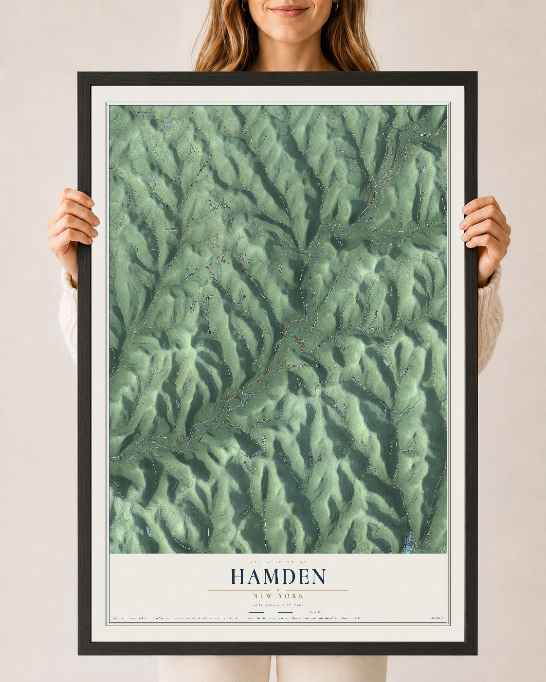Hamden, New York map print, 24" x 36" W/ Black Ayous Wood Frame mockup