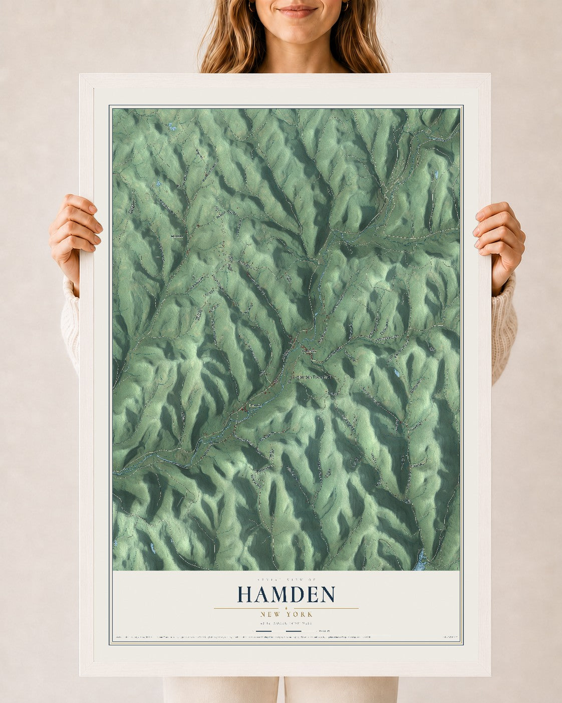 Hamden, New York map print, 24" x 36" W/ White Ayous Wood Frame mockup